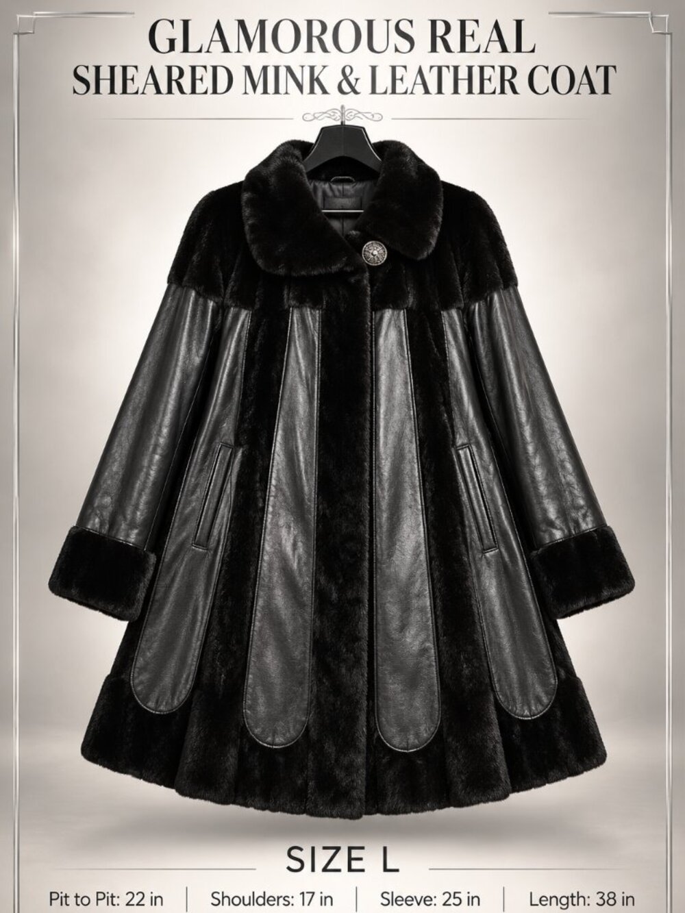 Real Sheared Mink Fur Leather Coat Women’s L Black Swing Luxury Jacket